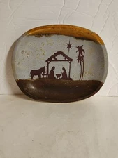 Nativity Scene Pottery Trinket Dish Hand Painted Signed 5 1/2"