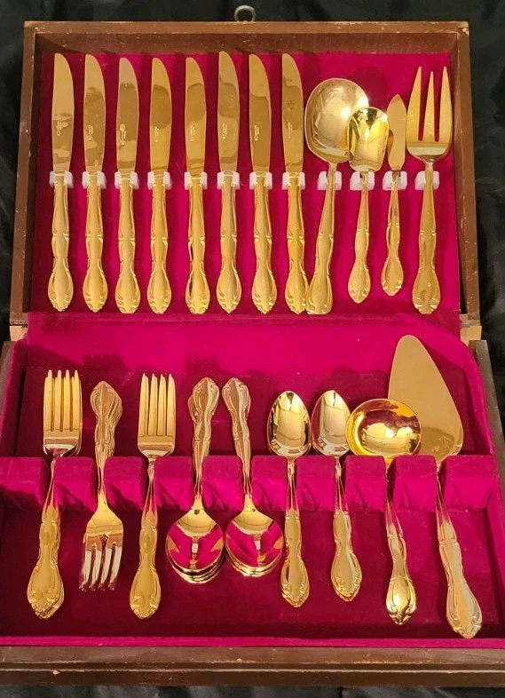 Vintage Lifetime Cutlery Gold Electroplated Flatware Set 46 Pc Korea With Case