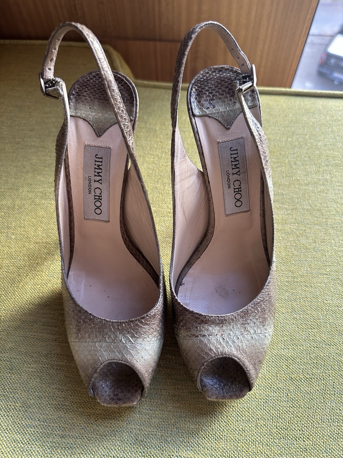 Jimmy Choo metallic python effect peep toe slingb… - image 3