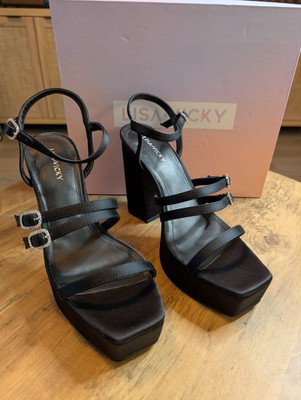 Lisa Vicky  Sandals Babe-V Black Satin Strappy Platform Women Size 9.5 New!