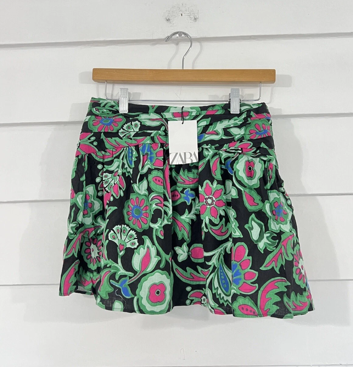 ZARA LINEN BLEND FLORAL PRINT MINI SKIRT MULTICOLOR MEDIUM WAIST 28
