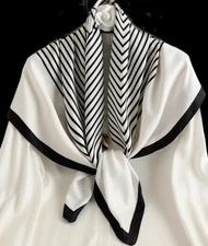 100% Silk 34" Square Scarf Women neckerchief Shawl Wrap striped beige white HD24