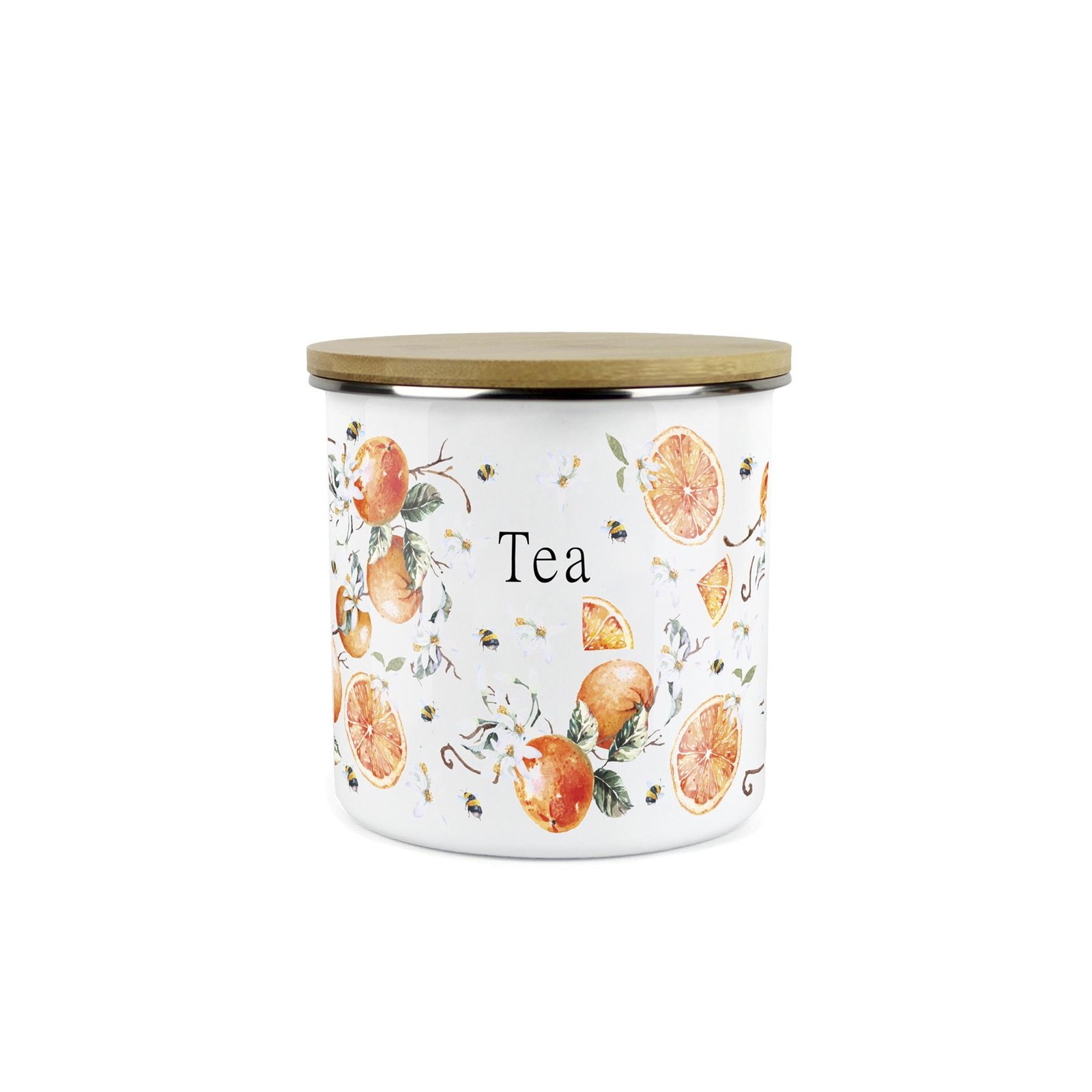 Tangerines Tea Canister - Vibrant Citrus Enamel Kitchen Storage Jar Gift