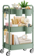 3-Tier Rolling Cart, Green, 66 Pounds Capacity, Mesh Storage Organizer with Lock