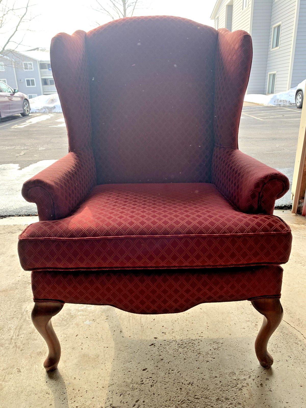 Antique Sam Moore Upholstered Wingback Chair, 20th Century Queen Anne Mahogany