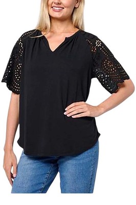 DG2 by Diane Gilman Women's Embroidered Eyelet Sleeve Tee Black