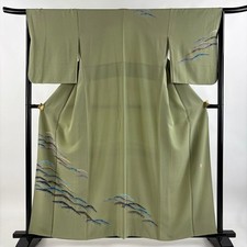 Japanese Silk Kimono M 158cm Grayish green Kasamatsu Lined With seal 6009912