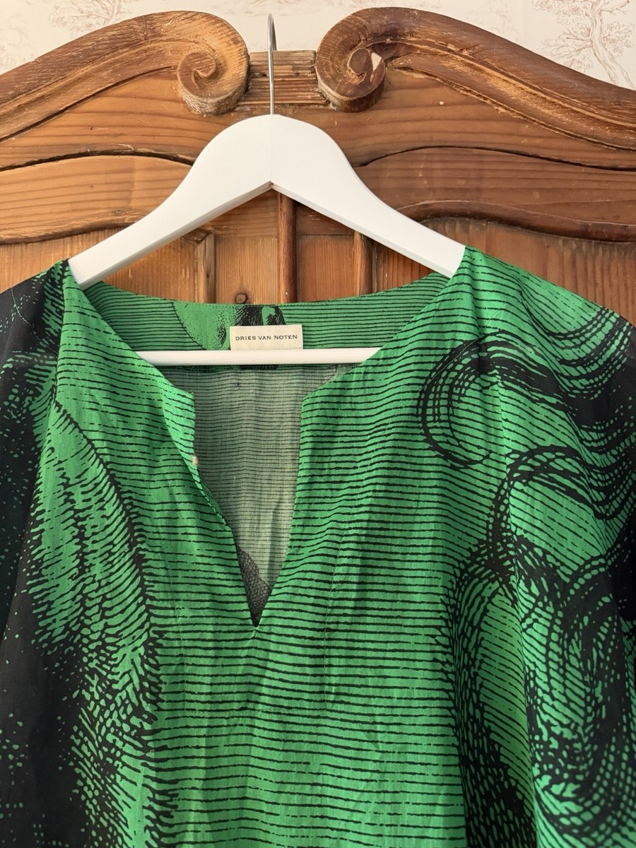DRIES VAN NOTEN Limited Green/Black Graphic Kaftan Long Dress V-Neck  One Size View 2