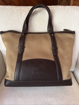 Ghurka Norwalk Porter Field Tote/Tan Herringbone Twill/ Dk Brown Leather /New!