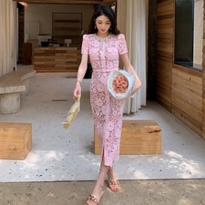 French Style Womens Rhinestone Bowknot Lace Hollow Out Short Sleeve Long Dresses