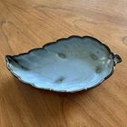 Vtg Frankoma Pottery 9" L, Leaf Shaped Footed Nut Candy Dish Woodland Moss #225