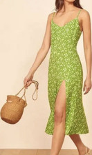 Reformation Women's 8 Green Floral Midi Slip Dress Straps Side Slit V-Neck