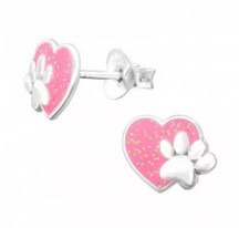 Pink paw print heart sterling silver studs