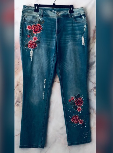 INC Women Indigo Distressed Embroidered 