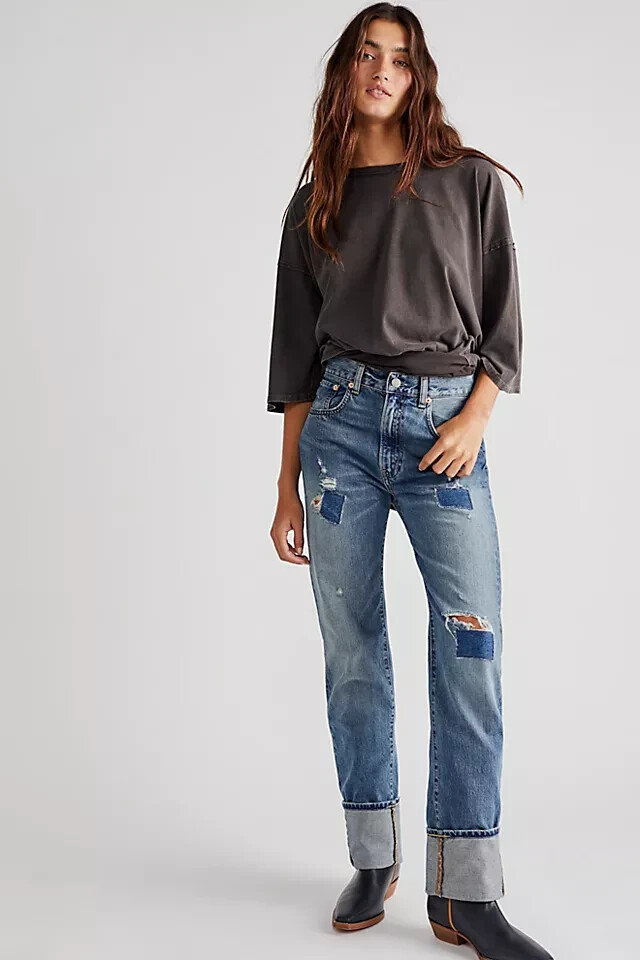 Denimist x Free People Sophie Cuffed Straight Jeans in Indigo Size 26 RRP $325