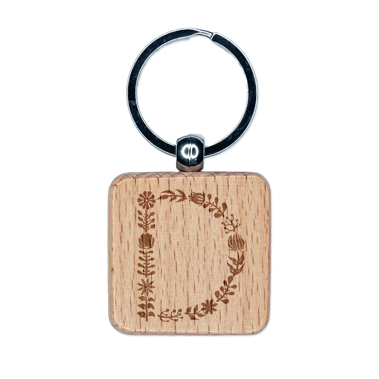 Elegant Botanical Floral Letter D Engraved Wood Square Keychain Tag Charm