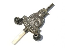 Vintage Sterling Silver Cat Shaped Whistle & Bells Instrument with MoP Handle