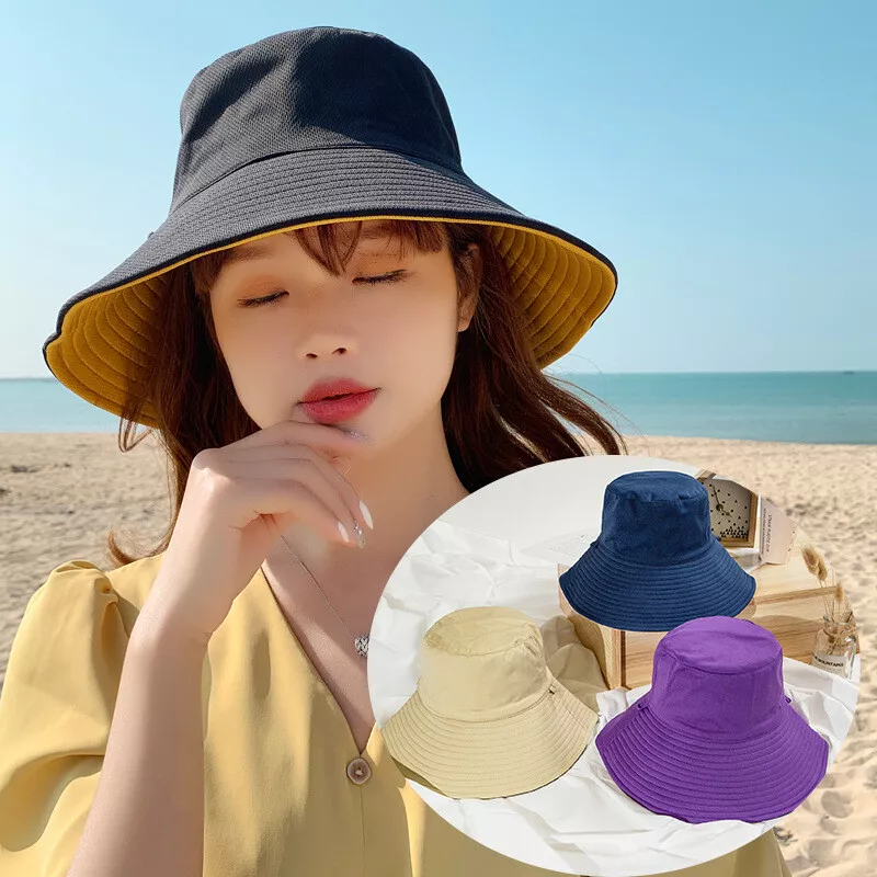 US Women Double-Sided UV Protection Wide Brim Bucket Hat Sun Beach  Fisherman Cap