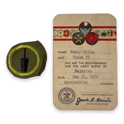 Vintage Boy Scout DAIRYING Dairy Merit Badge Patch Card 1950s Type E Narrow BSA