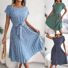 cap sleeve pleated A-line midi dress belted casual floral summer lightweight