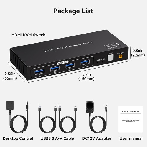 USB 3.0 HDMI 2.0 KVM Switch (2 PC 1 Monitor) 4K60Hz - Afbeelding 7 van 7