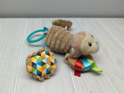 Infantino plush Shake & Pull monkey vibrating rattle hanging clip wood circle