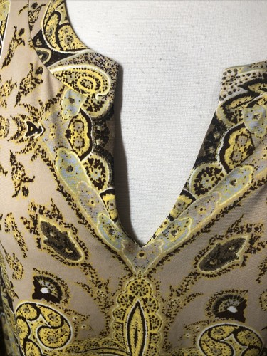 SUSAN GRAVER 3X Liquid Knit Long Tunic Top Blouse Yellow Tan Print Notch Neck - Picture 8 of 10