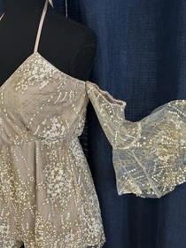 Fairy Core Gold Sparkle Ruffled Long Flared Sleeve Super Short Romper Sz  6