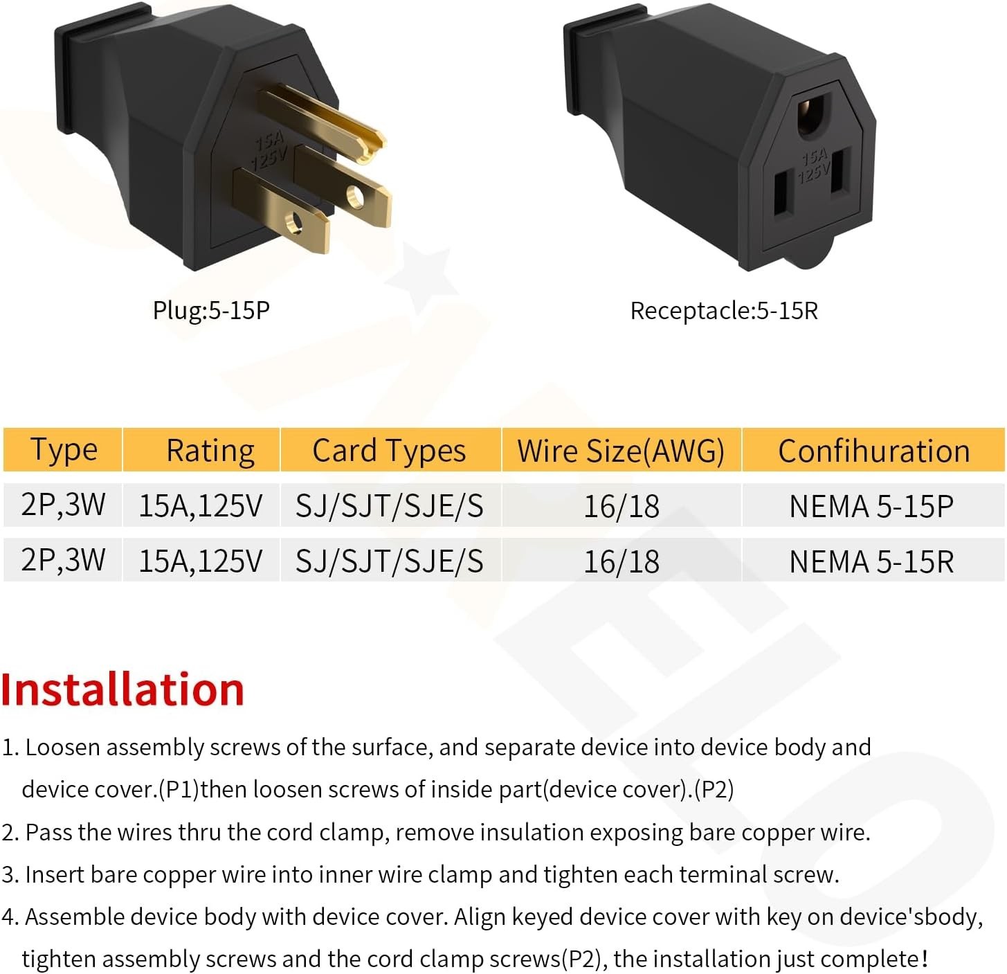 Extension Cord Ends 125V 15A 2Pole 3Wire Male Female NEMA Replacement Set