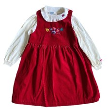 Vintage 80s Oshkosh Corduroy Jumper Dress  Top 6 Red Embroidered Flower