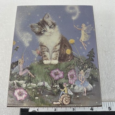 Wood Trinket Keepsake Jewelry Box Hinged Kitten Cat Fairy Fantasy Art Lid Small