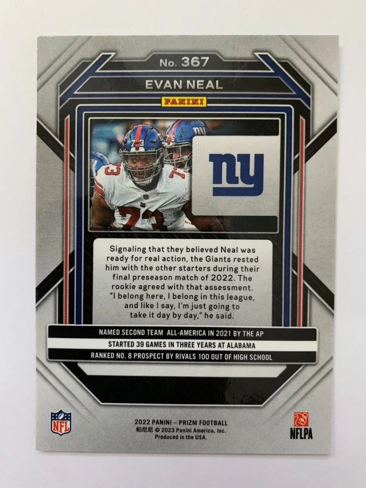 Evan Neal Rookie Base 2022 Panini Prizm Football #367 Giants RC - Image 2 of 2