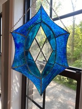 Stained Glass Hanging Panel With Blue  Clear Diamond Design 15 Inches
