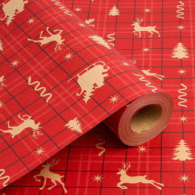 Weihnachtsgeschenkpapier: Bedrucktes rotes Kraftpapier mit verschiedenen Weihnac