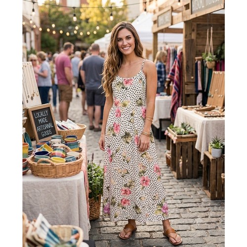 Stillwater Floral Polka Dot Open Back Maxi Dress M NWT Side Slit Pockets Boho