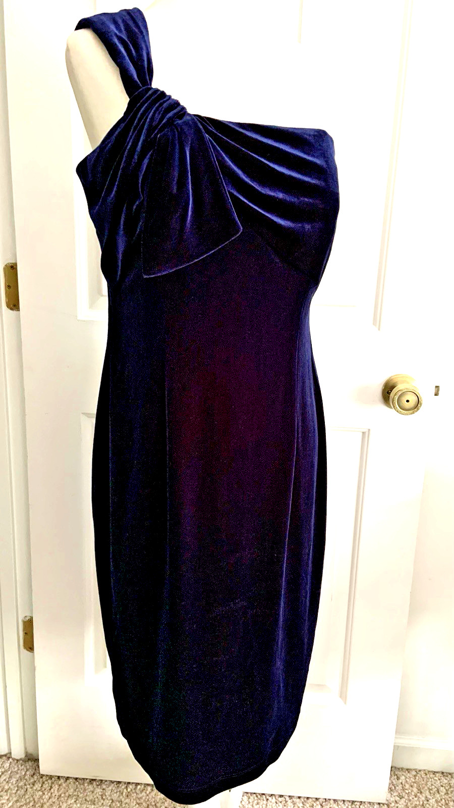 David Meister Boned support Blue Velvet one shoulder Party Cocktail Dress sz 10