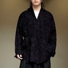 Unisex Black Floral Jacquard Kimono Cardigan Japanese Haori Wrap Tie Waist Shir