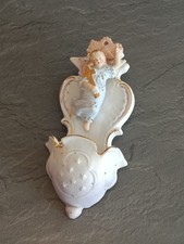 Ancien Superbe Bénitier Statue en Biscuit Ange Gardien, Angelot, Chérubin