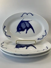 Misty Rose Hand Painted Super White China Blue Fish  Serving Platters 13 3/4”