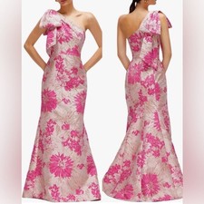 NEW ALFRED SUNG One-Shoulder Bow Pink Metallic Floral Jacquard Trumpet Gown 12