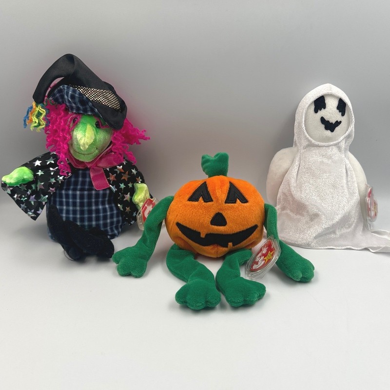 Ty Beanie Babies Halloween Lot of 3 Pumpkin Witch Sheets Plush Collectibles