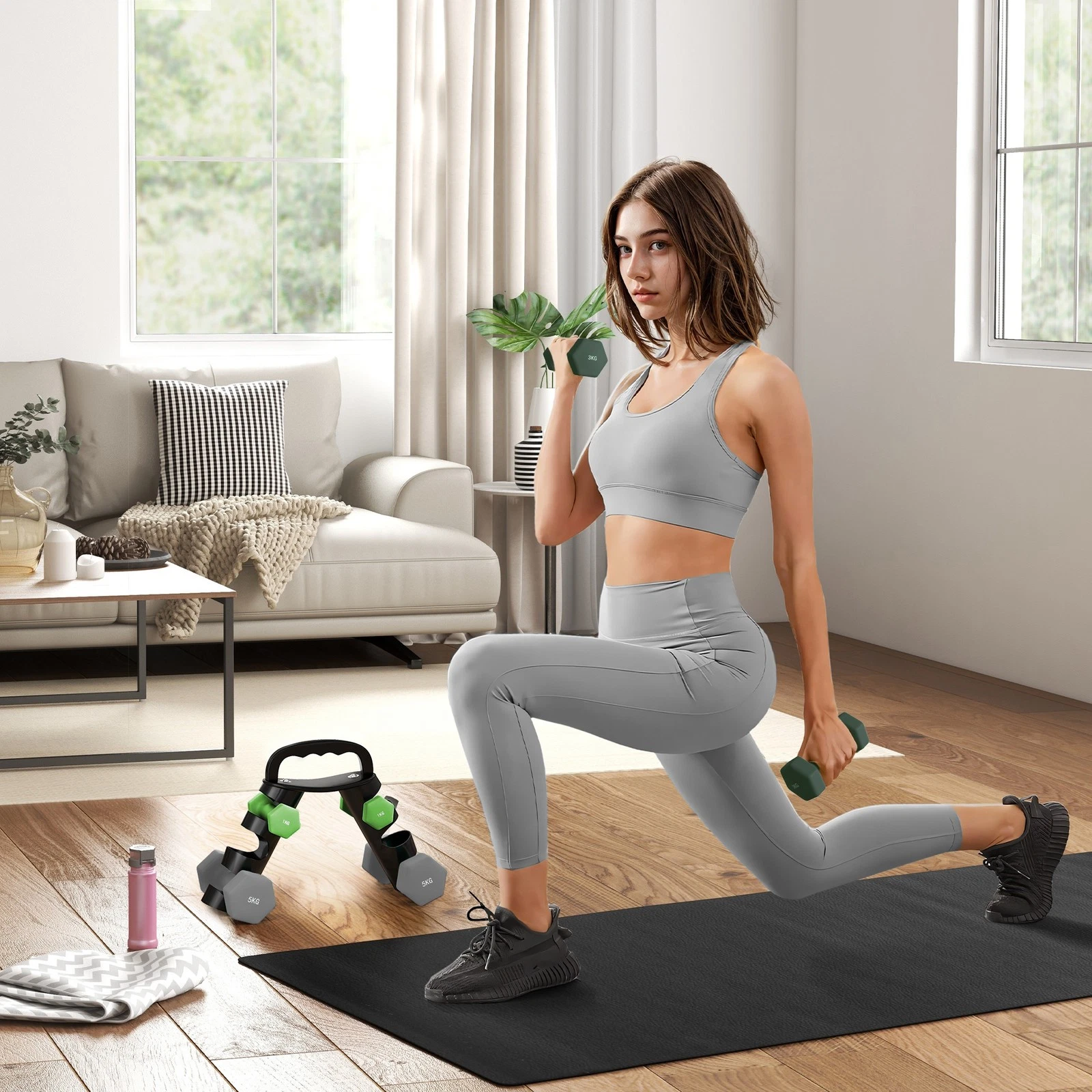 Dumbbells Set with Carry Storage Rack, 2 x 1kg, 2 x 3kg, 2 x 5kg, Green