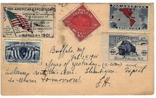 1900 Postcard w/ 5 Pan American Exposition Cinderellas BC1 BC2 BC6 BC9 BC10