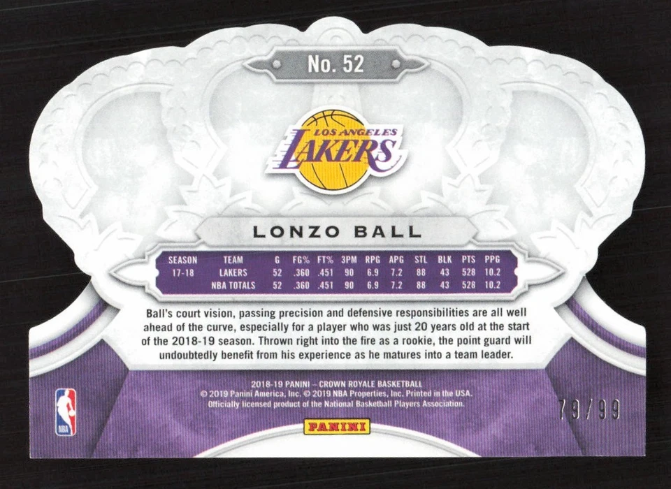 2018-19 Panini Crown Royale Lonzo Ball Crystal #/99 #52 Card - Image 2 of 2