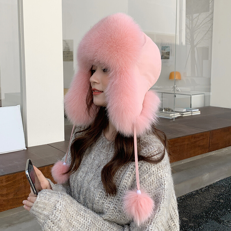 Womens Real Fox Fur Hat Russian Ushanka Hats Warm Aviator Trapper Hat Ski  Cap