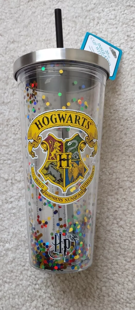 Harry Potter Hogwarts Crest w/ House Logos 16 oz Glitter Travel Cup w/  Straw NEW