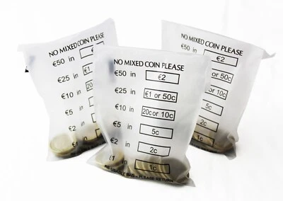BAG IT PAPER 150 COIN BAGS - EURO & CENTS PLASTIC MONEY BANK BAGS / BANKING CASH HANDLING BAG