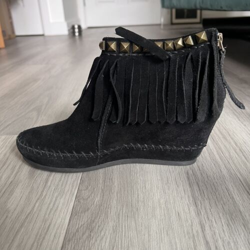 ASH Squaw Suede Fringe Studded Ankle Boots Womens 39EU 6UK Black Suede Moccasins - Picture 7 of 10