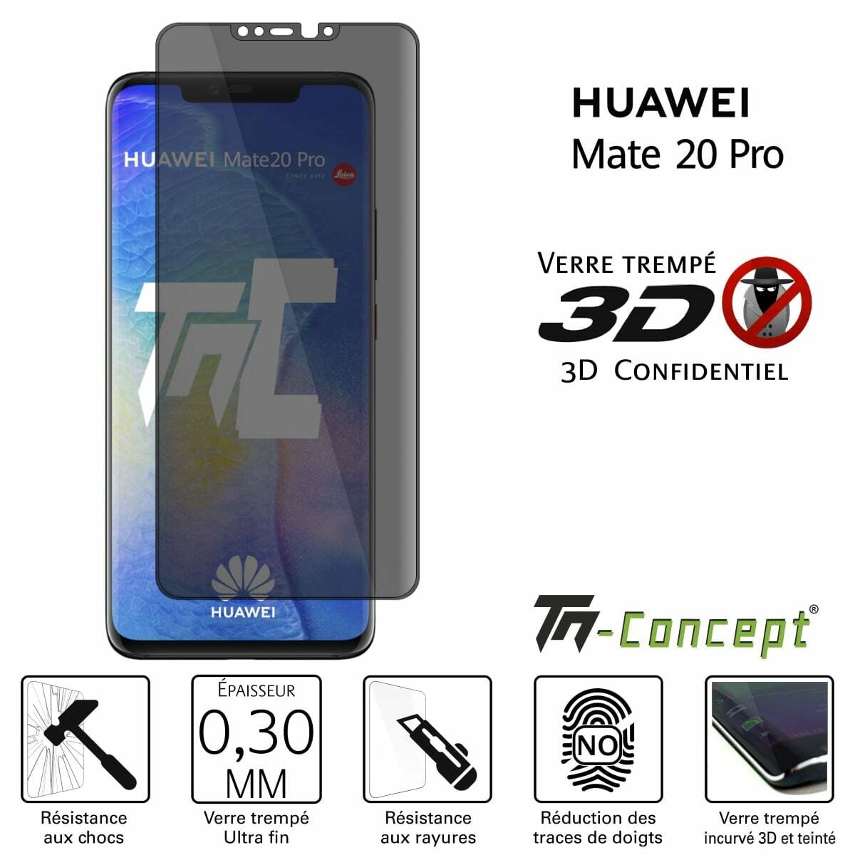 Verre trempé 3D Privacy Huawei Mate 20 Pro TM-Concept : Finis les regards indiscrets