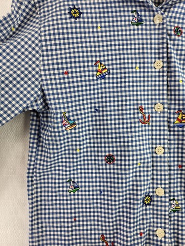 Teddi Embroidered Sailboats Button Up Shirt Blue Check Medium Nautical Lake - Picture 3 of 5